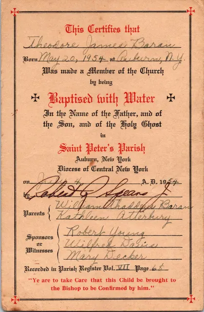 Baptism certificate, Saint Peter’s Parish, Auburn