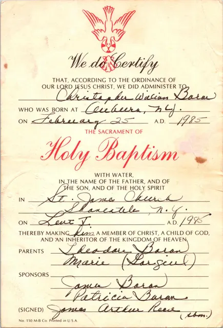Chris’s baptism certificate, St. James Church, Skaneateles