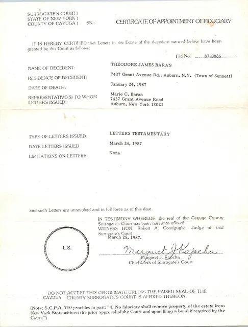 Letters for his estate, Cayuga County Surrogate’s Court, March 1987