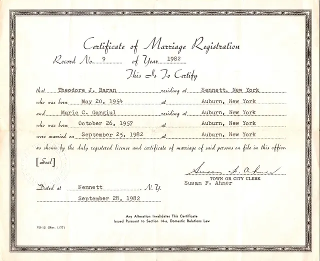 Certificate of Marriage Registration, Sennett